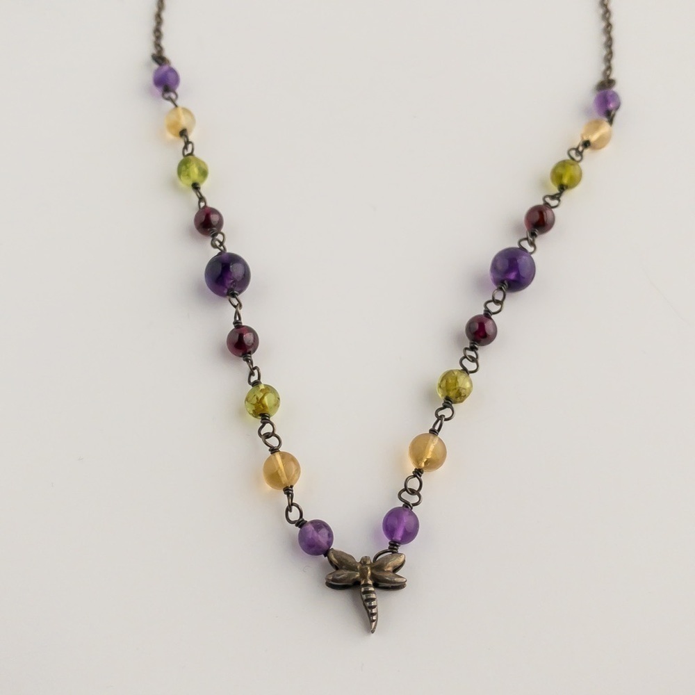 Sterling Silver Necklace Multicoloured Gemstones Dragonfly Charm Pendant Vintage